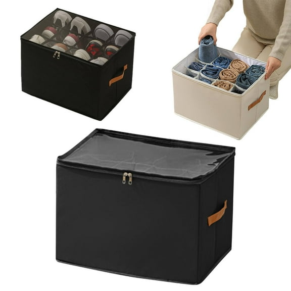 Shoe Organizer for Closet,Foldable Shoe Storage Containers,Fits up to 16 Pairs,Adjustable Dividers for Shoe Organizer,Fabric Shoe Storage Bins with Clear Cover(Black,17*12.6*11.8Inch)