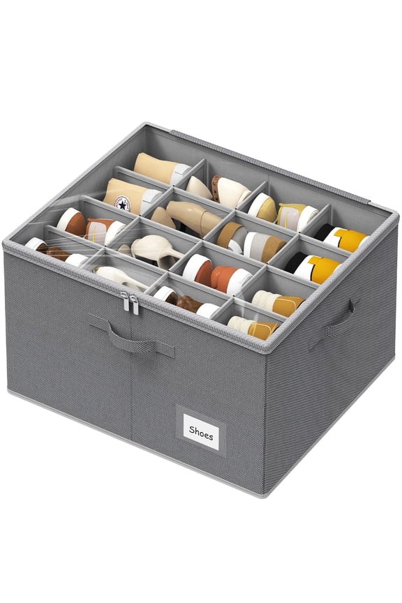 Shoe Organizer for Closet Washable PP Board, Large Fabric Shoes Organizer Storage Box Foldable, Adjustable Dividers Shoe Storage Bins with Lid for Canvas Sandals Heel Sneakers Fits 16 Pairs Gray