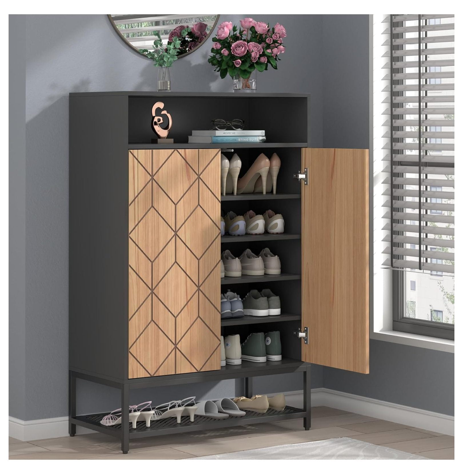 Rattan Storage Cabinet With 3 Doors & Adjustable Shelves - Shoe Rack, Entryway Organizer, TV Stand