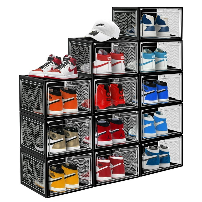 Shoe Organizer with Hard & Thick Plastic Board Shoe Storage Boxes Fits US  Size 13, shoe boxes Clear Plastic Stackable Measure L14.2xW11.2xH8.5(inch)