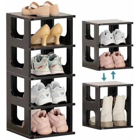 Shoe Organizer Rack for Small Spaces 5 Tier Plastic Vertical Narrow Shelves for Closet Black Shoe Holder, Stand for Entryway Storage Boots Organizer Stackable Cabinet