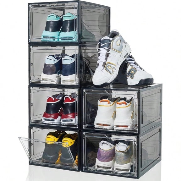Shoe Organizer Shoe Storage Boxes 6 Pack Large Drop Front Shoe Boxes with Magnetic Door Clear Plastic Stackable Shoe Containers Black