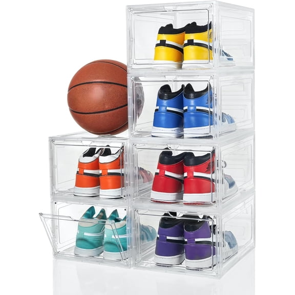 Shoe Organizer Shoe Storage Boxes, 6 Pack Large Drop Front Shoe Boxes with Magnetic Door, Clear Plastic Stackable Shoe Containers (Clear White)