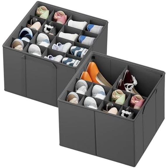 Shoe Organizer for Closet, 2 Pack Foldable Shoe Storage Containers Baskets Boxes Bins w/Adjustable Dividers, Fits 16-32 Pairs, Grey