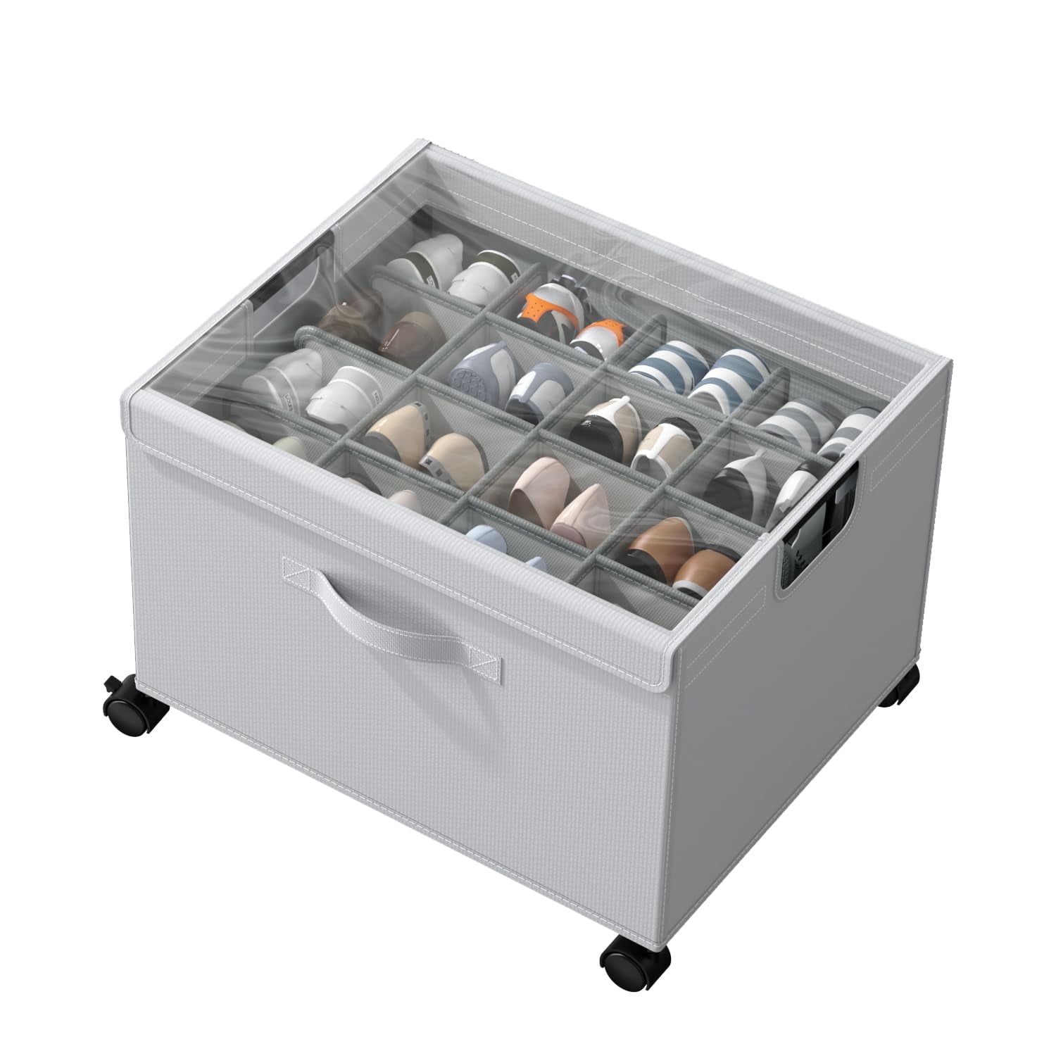 Shoe Organizer for Closet, Foldable Shoe Storage Box with Wheels and Dividers, Metal Frame, Large Capacity Holds 16-32 Pairs, Clear Cover