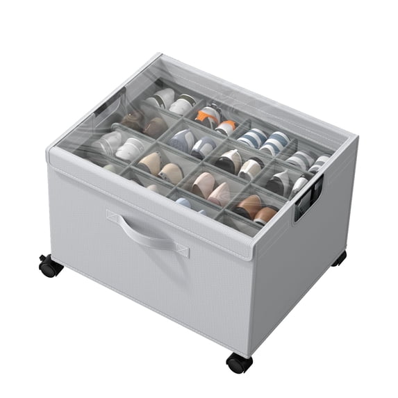 Shoe Organizer for Closet, Foldable Shoe Storage Box with Wheels and Dividers, Metal Frame, Large Capacity Holds 16-32 Pairs, Clear Cover