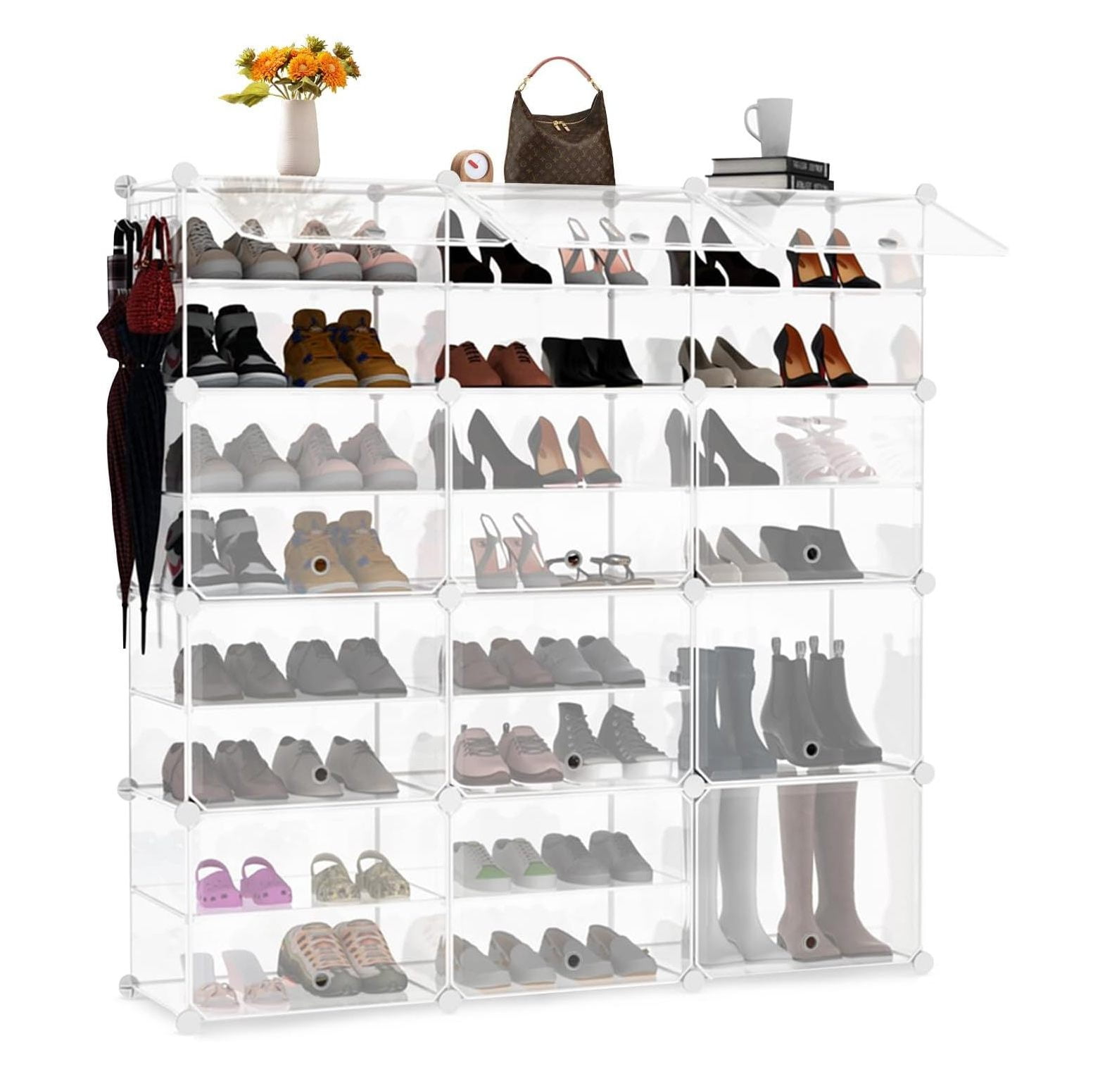 Shoe Organizers and Storage, 8 Tier Plastic Clear Shoe Rack with Door