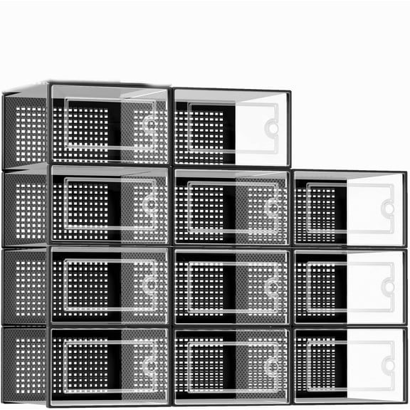 Shoe Organizers Storage Boxes, Clear Plastic Stackable Bins with Lids, Under Bed Containers for Entryway, Drop Front, Black