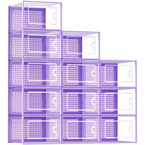 Shoe Organizers Storage Boxes for Closet, 12 Pack Clear Plastic Stackable Storage Bins with Lids, Under Bed Shoe Containers for Entryway, Drop Front, Fit up to Women's Size 10,Purple