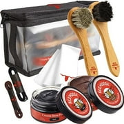 Shoe Polish Kit with Brown and Black Polish, 2 Brushes, Buffing Cloth, Waxed Round Laces and Travel Case