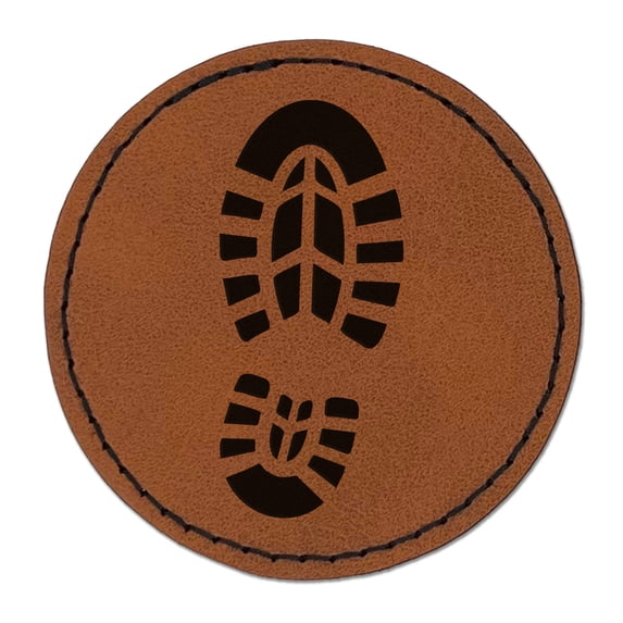 Shoe Print Boot 2.5" Faux Leather Round Engraved Iron-On Patch - Brown