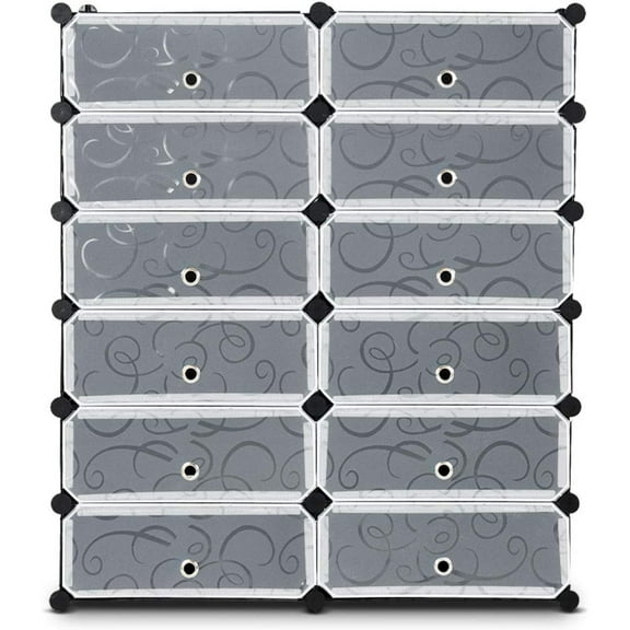 Shoe Rack 12-Cube DIY Modular Plastic Cabinet Storage Organizer with Doors 6-Tier Shelving Bookcase Storage Unit Closet