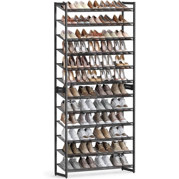 Shoe Rack, 12-Tier Shoe Organizer, Metal Shoe Storage for Garage, Entryway, Set of 2 6-Tier Stackable Shoe Shelf, with Adjustable Flat or Angled Shelves, Holds 48-60 Pairs, Black ULMR12B
