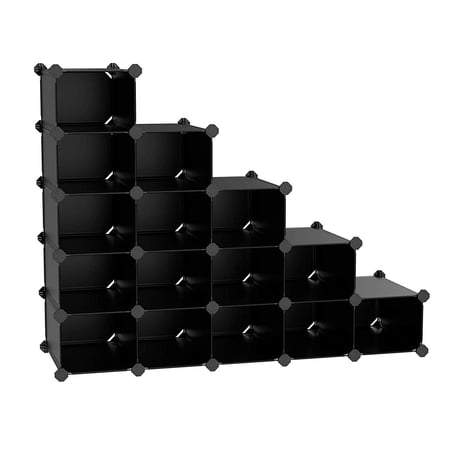 16-Cube Modular Shoe Rack, Space-Saving Plastic Organizer for Closet, Entryway, Hallway, Living Room – Black