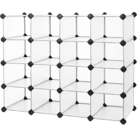 Shoe Rack with 16 Cubes Interlocking Plastic Storage Cabinet for Closet Entryway Bedroom Garage Space Saving Design 12 x 35.1 x 27.2 Inches Transparent