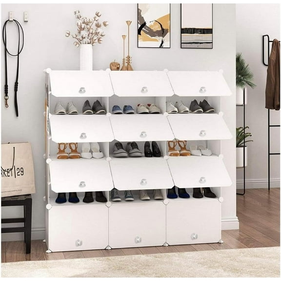 Shoe Rack, 24 Tiers Shoe Storage Cabinet 48 Pair Plastic Shoe Shelves Organizer for Closet Hallway Bedroom Entryway (White Opaque, 12 Cubes)