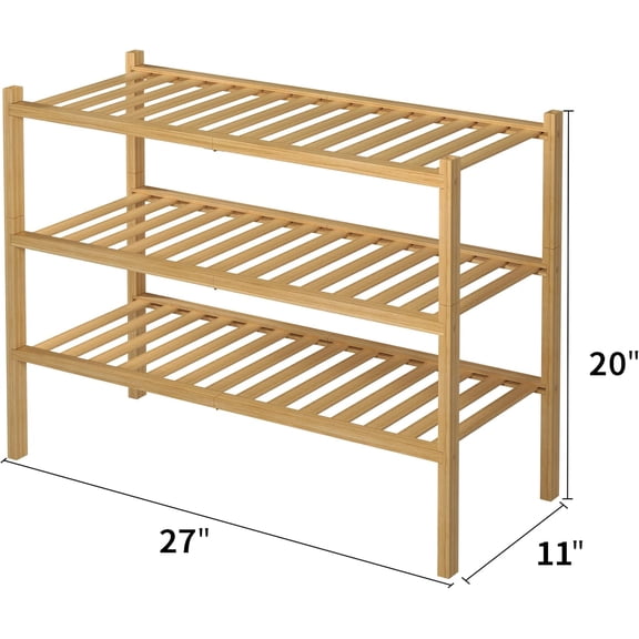 Shoe Rack 3 Tier Bamboo, Free Standing Wood Shoe Shelf Storage Organizer for Entryway, Small Space Stackable, 27" x 11" x 20", Natural