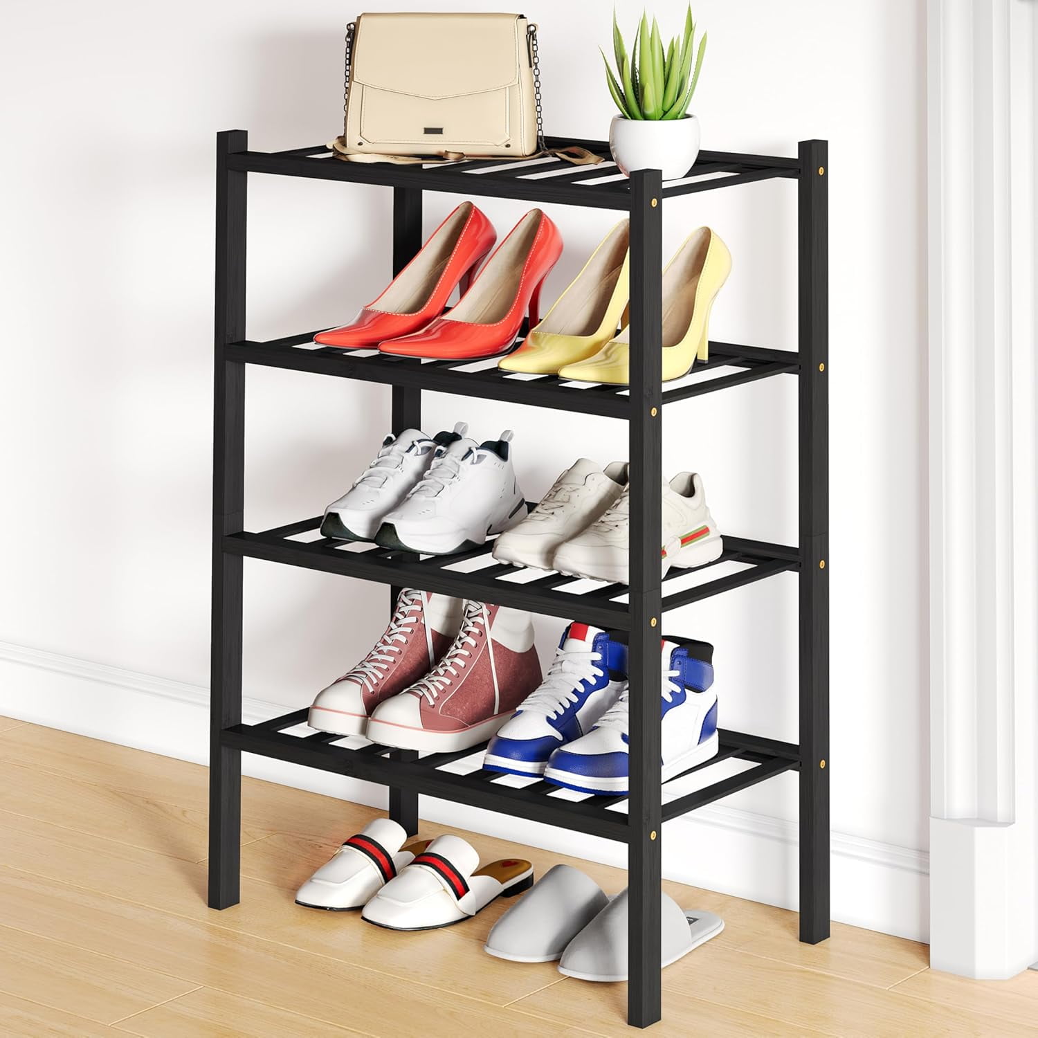 Stackable Standing Shoe Storage Shoe Rack, 3 Tier Bamboo Shoe Organizer, Stackable Free Standing Wooden ...