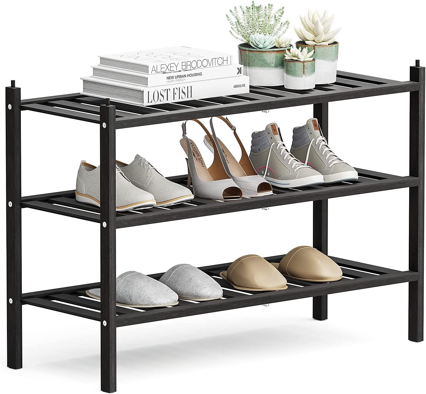 Shoe Rack, 3-Tier Bamboo Stackable Shelf Storage Organizer, Stand for ...