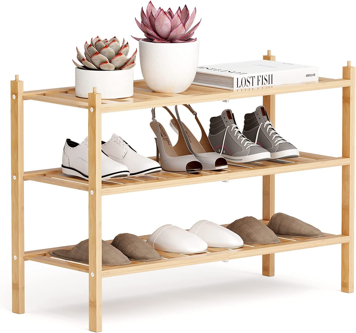 Shoe Rack, 3-Tier Bamboo Stackable Shelf Storage Organizer, Stand for ...
