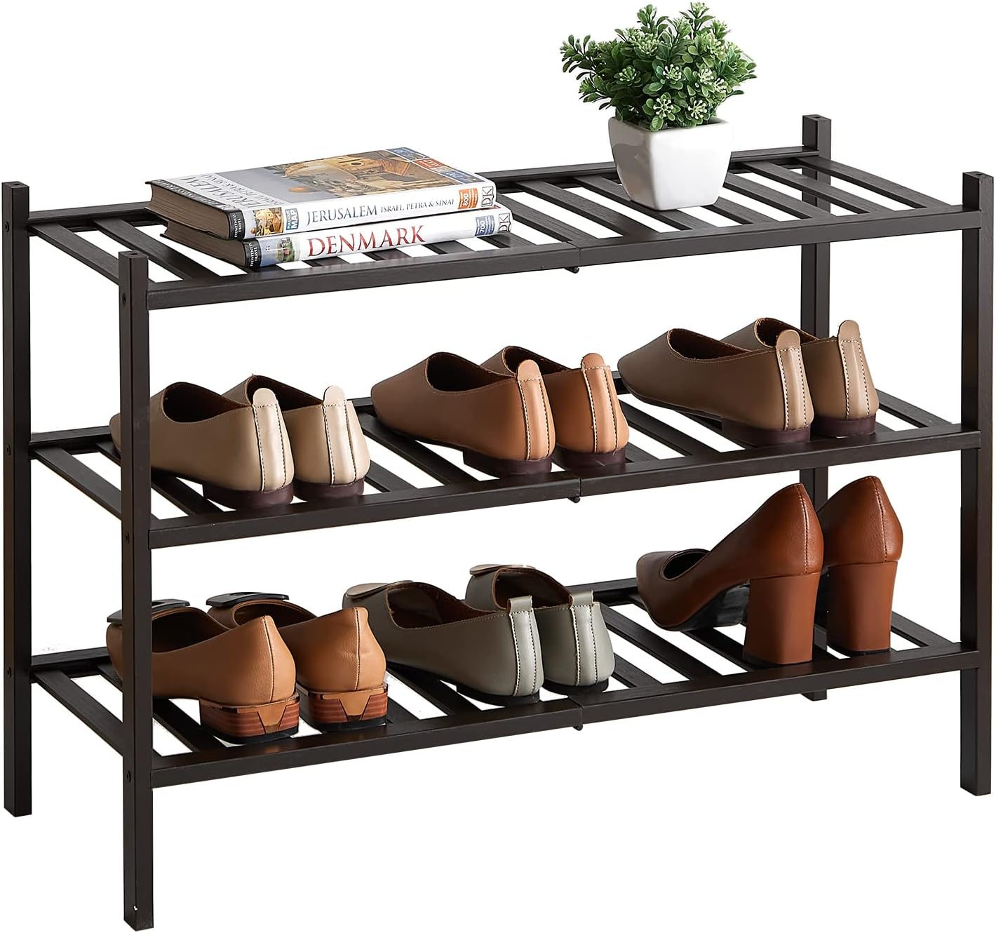Shoe Rack, 3Tier Bamboo Stackable Shoe Shelf Storage Organizer, Shoe