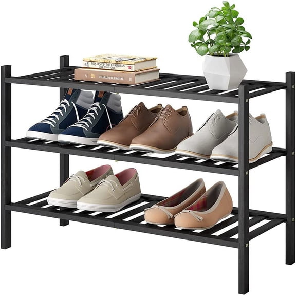 Shoe Rack, 3-Tier Bamboo Stackable Shoe Shelf Storage Organizer, Shoe Stand for Closet, Entryway and Hallway