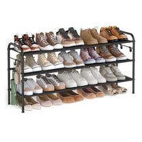 Shoe Rack, 3 Tier Shoe Organizer, Fabric Shoe Shelf Storage with 4 Hooks, Holds up to 18 Pairs of Shoes, Height-Adjustable Shoe Rack for Entryway, Hallway, Closet, Easy Assembly, Ink Black