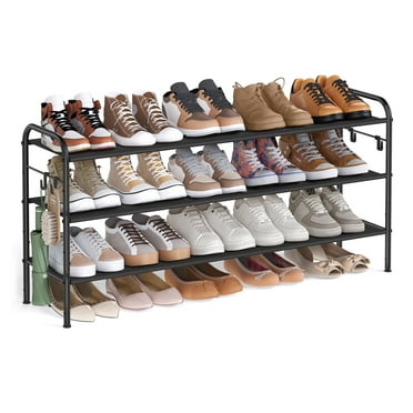 Shoe Rack, 3 Tier Shoe Organizer, Fabric Shoe Shelf Storage with 4 Hooks, Holds up to 18 Pairs of Shoes, Height-Adjustable Shoe Rack for Entryway, Hallway, Closet, Easy Assembly, Ink Black