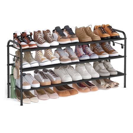 Shoe Rack, 3 Tier Shoe Organizer, Fabric Shoe Shelf Storage with 4 Hooks, Holds up to 18 Pairs of Shoes, Height-Adjustable Shoe Rack for Entryway, Hallway, Closet, Easy Assembly, Ink Black