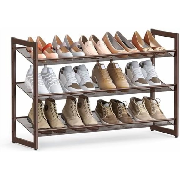 Shoe Rack, 3-Tier Shoe Organizer, Metal Shoe Storage for Garage, Stackable Shoe Shelf, with Adjustable Flat or Angled Shelves, 9-12 Pairs, Bronze ULMR03A