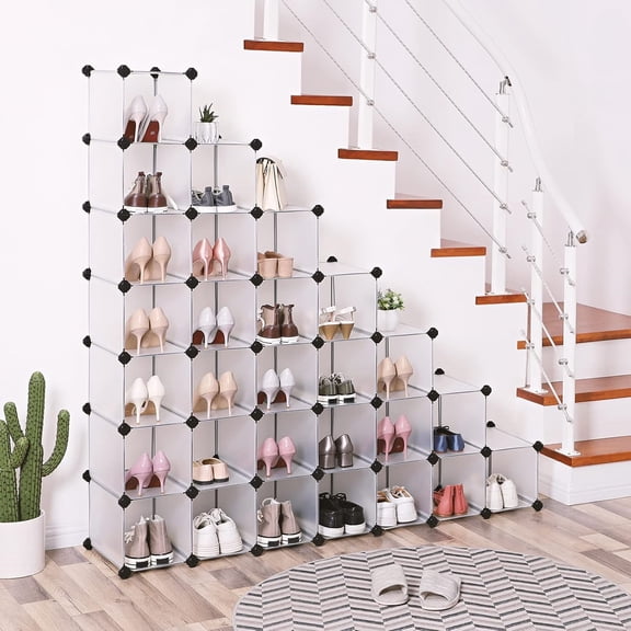 Shoe Rack with 32 Cubes, Interlocking Plastic Shoe Organizer, DIY Storage Cabinet for Closet Entryway Bedroom Garage, Space Saving Design, 13.9 x 35.1 x 54.5 Inches, Transparent