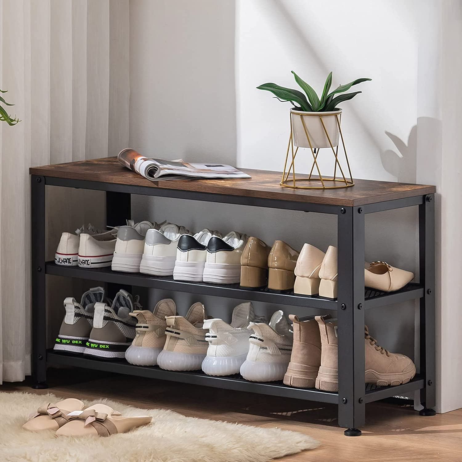 Shoe Rack, 35.5 Inches 3-Tier Shoe Rack for Entryway with Long Seat and ...
