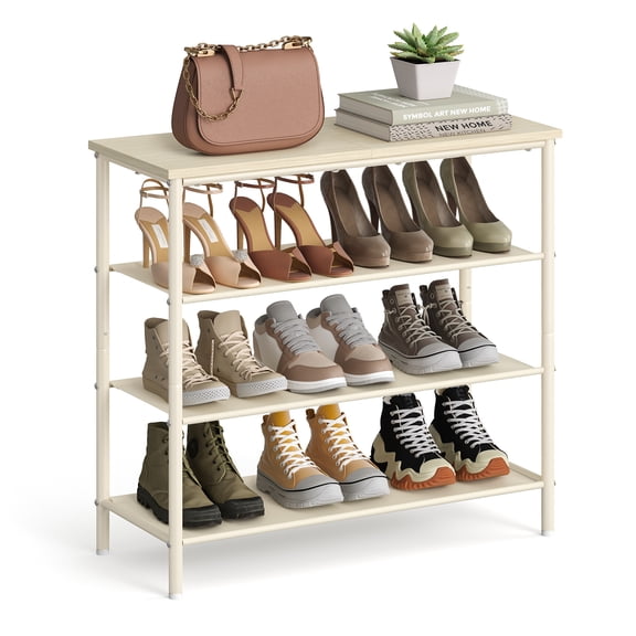 Shoe Rack 4 Tier, Narrow Shoe Storage Organiser for Wardrobe Hallway, with 3 Fabric Shelves and Top for Bags, Shoe Shelf, Steel Frame, Industrial