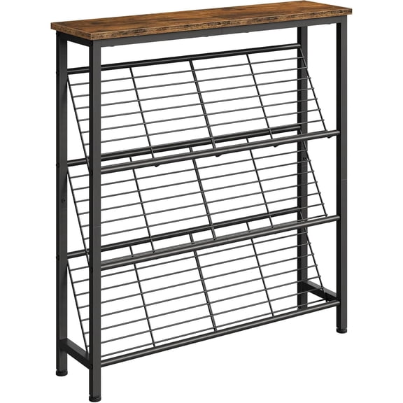 Shoe Rack, 4-Tier Narrow Shoe Storage Shelf, Slim Shoe Rack with Wooden Top and Metal Shelves, Slanted Shoe Organizer, Industrial Style, for Entryway, Hallway, Rustic Brown and Black TXJ76BF