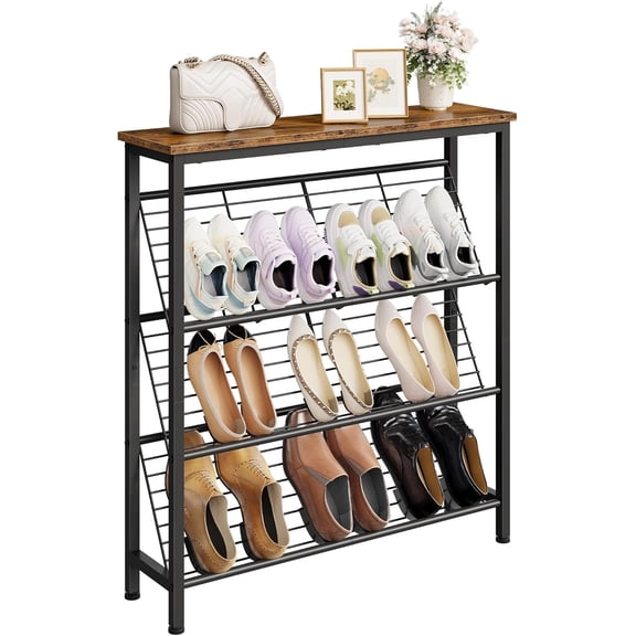 Shoe Rack, 4-Tier Narrow Shoe Storage Shelf, Slim Shoe Rack with Wooden Top and Metal Shelves, Slanted Shoe Organizer, Industrial Style, for Entryway, Hallway, Rustic Brown and Black TXJ76BF
