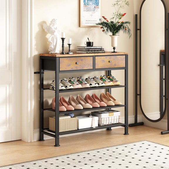 Shoe Rack, 4 Tier Shoe Organizer for 9-12 Pairs of Shoes, with 2 Drawers, 3 Fabric Shelves and Wooden Top, Shoe Rack for Closet Entryway, Rustic Brown