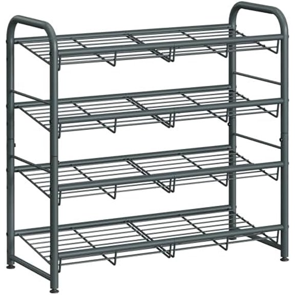 Shoe Rack, 4 Tier Shoe Organizer for Closet, Holds up to 16 Pairs of Shoes, Shoe Rack for Front Door Entrance, Metal Shoe Shelf with Adjustable Tilt Angle, for Entryway, Garage, Grey