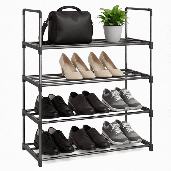 Shoe Rack, 4 Tier Shoe Organizer with 4 Shelves Metal Shoe Storage Stackable Shoe Rack, for Living Room Hallway Entrance