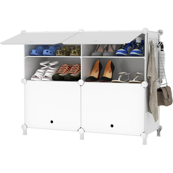 Shoe Rack, 4 Tier Shoe Storage Cabinet with Door, 16 Pair Shoe Organizer Shelves for Closet Hallway Bedroom Entryway, White