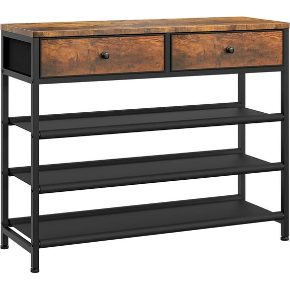 Shoe Rack, 4 Tier Shoe Storage Organizer with 2 Drawers, Metal Shoe Shelf for 12-15 Pairs of Shoes, with 3 Fabric Shelves and Wooden Top, Shoe Stand for Closet Entryway, Rustic Brown YXJX008F