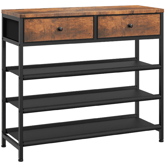 Shoe Rack, 4 Tier Shoe Storage Organizer with 2 Drawers, Metal Shoe Shelf for 12-15 Pairs of Shoes, with 3 Oxford Fabric Shelves and Wooden Top, Shoe Stand for Closet Entryway, Rustic Brown