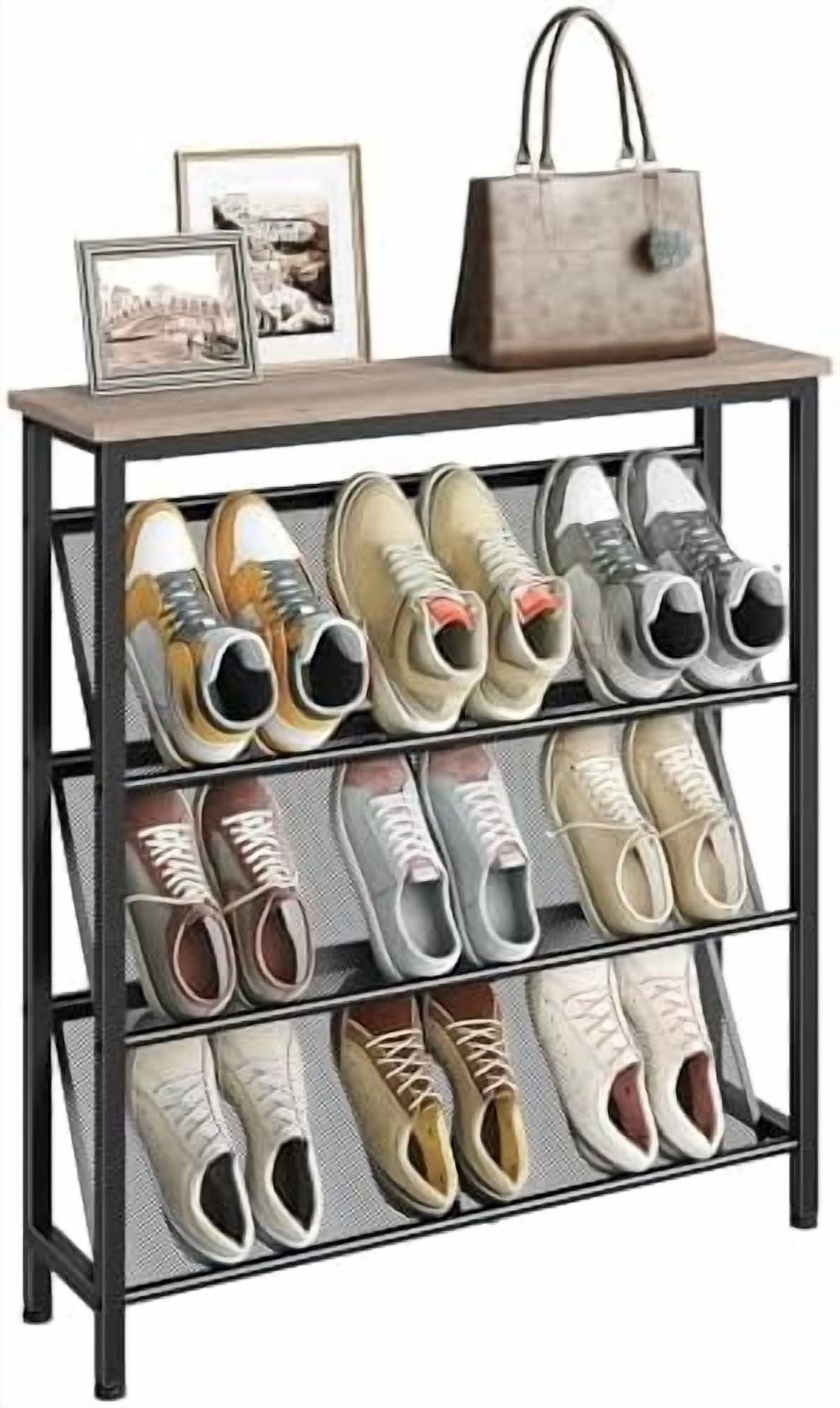 Shoe Rack, 4-Tier Slanted Shoe Storage Shelf, Narrow Shoe Rack for ...