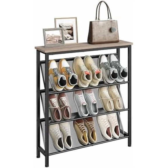 Shoe Rack, 4-Tier Slanted Shoe Storage Shelf, Narrow Shoe Rack for Entryway, Shoe Organizer with Adjustable Feet, Slim Shoe Shelf with Wooden Top and Metal Frame, Greige and Black TXJ75BG