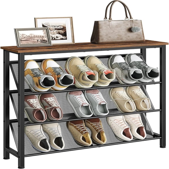Shoe Rack, 4-Tier Slanted Shoe Storage Shelf, Narrow Shoe Rack for Entryway, Shoe Organizer with Adjustable Feet, Slim Shoe Shelf with Wooden Top and Metal Frame Rustic Brown and Black