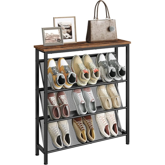 Shoe Rack, 4-Tier Slanted Shoe Storage Shelf, Narrow Shoe Rack for Entryway, Shoe Organizer with Adjustable Feet, Slim Shoe Shelf with Wooden Top and Metal Frame Rustic Brown and Black TXJ75BF