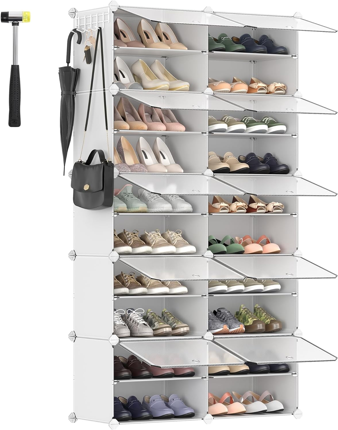 White 10-Tier Plastic and Metal Shoe Organizer with Clear Doors