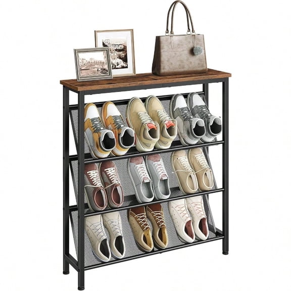 Shoe Rack 4Tier Slanted Shoe Storage Shelf Narrow Shoe Rack For Entryway Shoe Organizer With Adjustable Feet Slim Shoe Shelf With Wooden Top And Metal Frame Rustic Brown And Black TXJ75BF