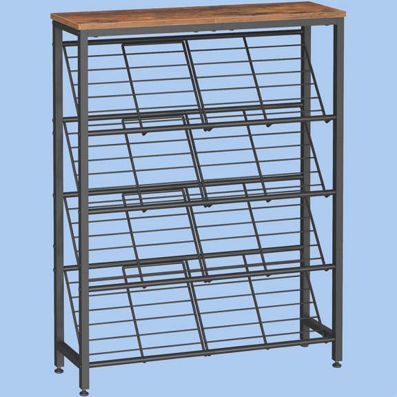 Shoe Rack, 5-Tier Narrow Slanted Shoe Storage Shelf, Slim Shoe Organizer for Front Door Entrance, Garage, Entryway, Holds up to 12-16 Pairs of Shoes, Rustic Brown and Black BF20XJ01