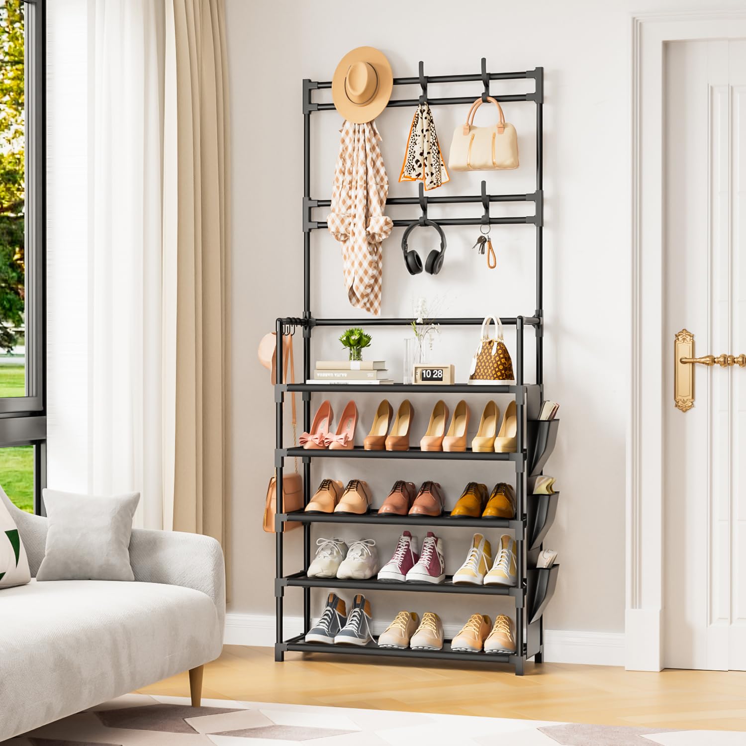 Shoe Rack 5 Tier Organizer Storage 15-20 Pairs Shoes For Closet Entrance With Hooks And Side Pocket Entryway Holder Space Saving Free Standing Racks