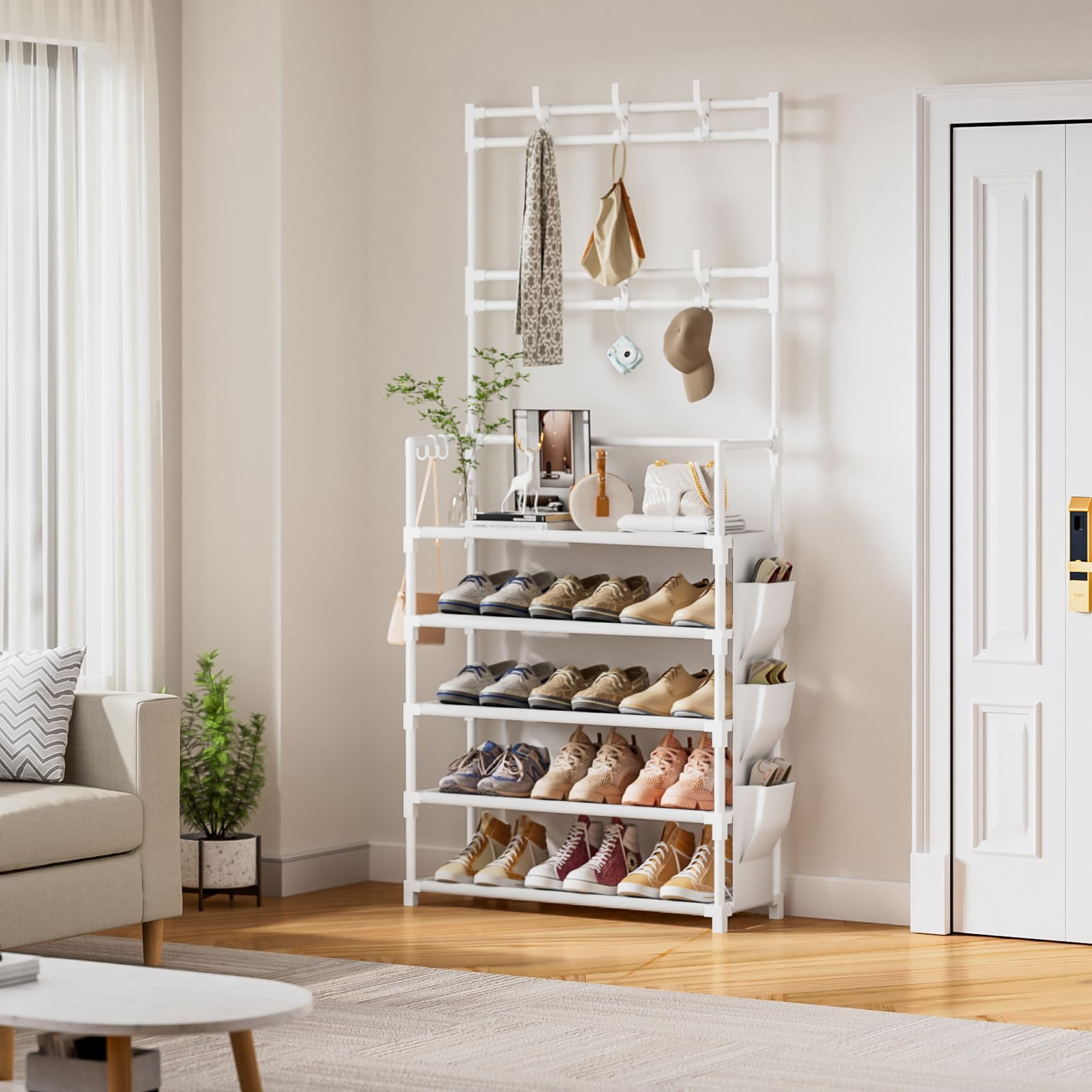 Shoe Rack 5 Tier Organizer Storage 15-20 Pairs Shoes For Closet Entrance With Hooks And Side Pocket Entryway Holder Space Saving Free Standing Racks